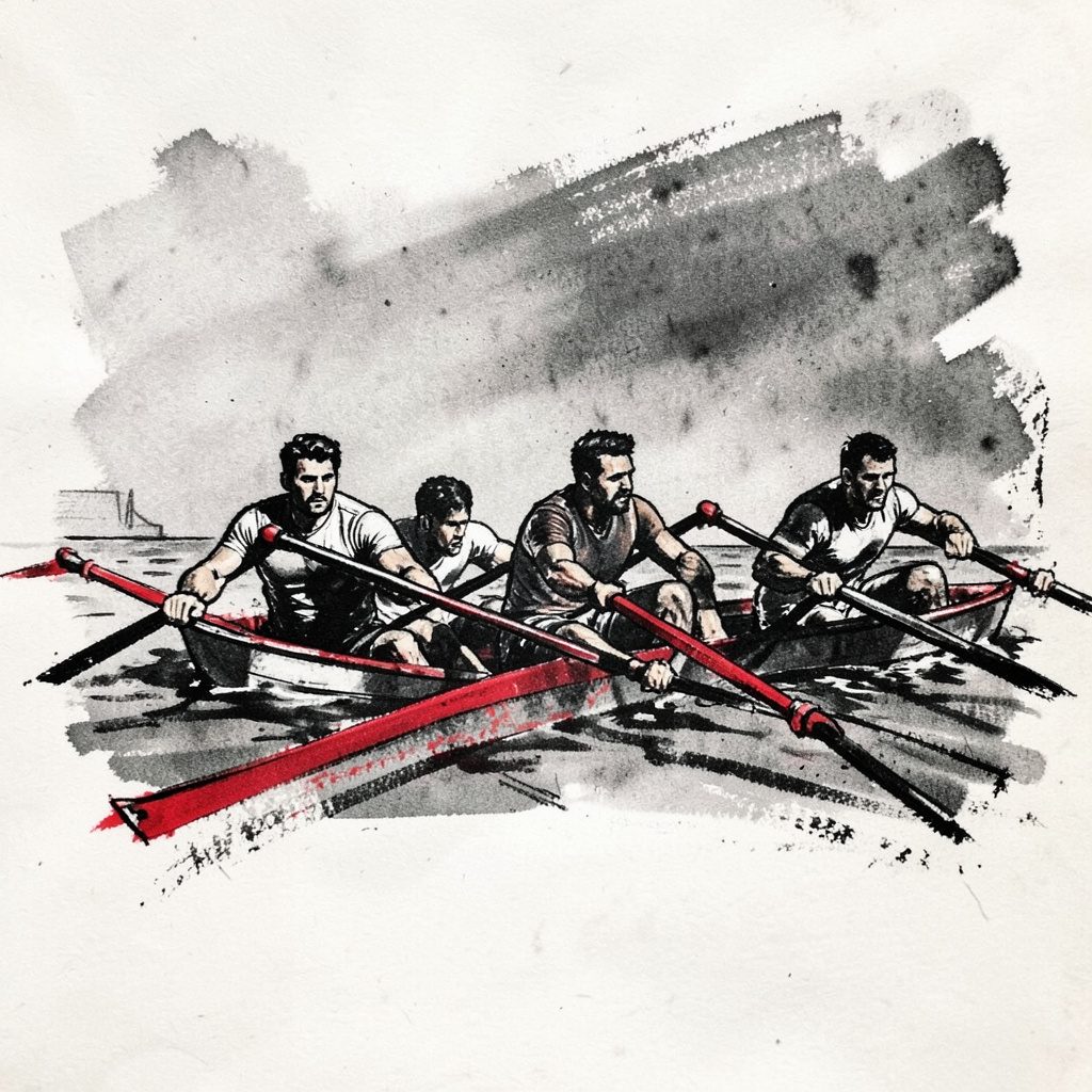 A men's four rowing shell mid-stroke, blades squared and feathered in sequence, rendered in slate grays.