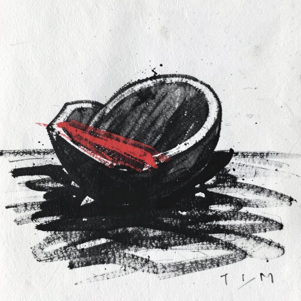 Bold charcoal illustration of a single scull slicing through dark water, athlete leaning into a long drive.