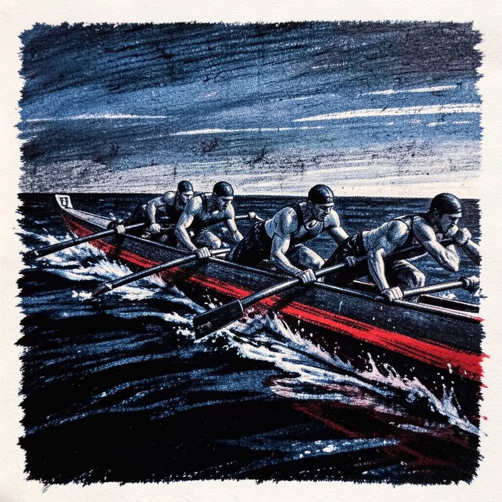 Bold charcoal drawing of a rowing shell slicing through dark water, athletes leaning into a synchronized stroke under a hazy sky.