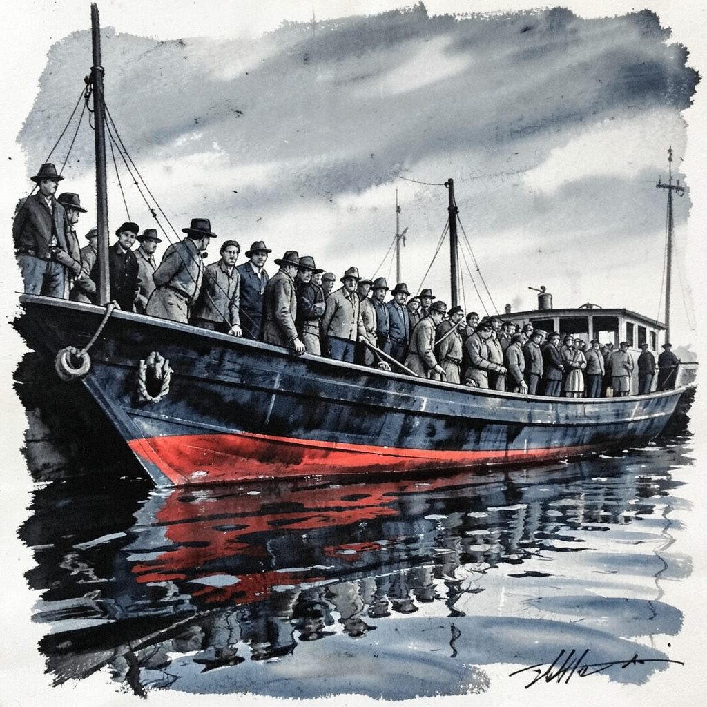 Wide charcoal drawing of a full crew squad lined up beside boats at a dock, hulls resting on the water, rendered in slate grays