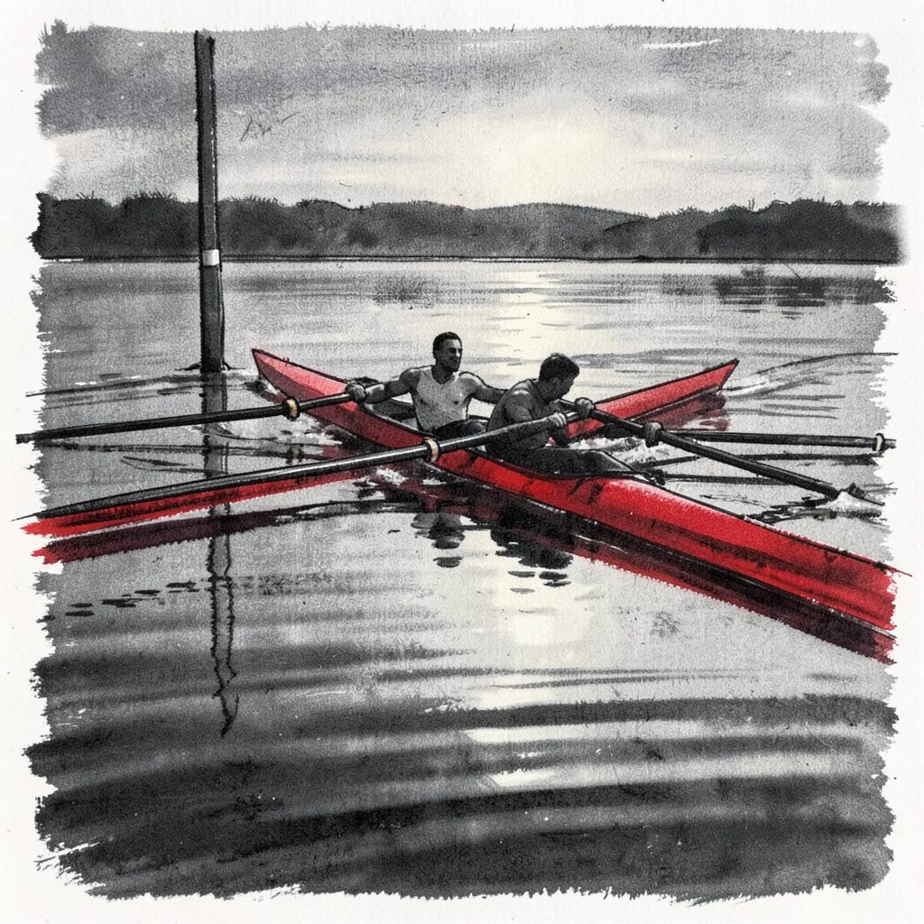 Wide illustration of a rowing shell crossing the finish line at dusk, water reflecting the boat in muted grays, accent orange from the bow light.