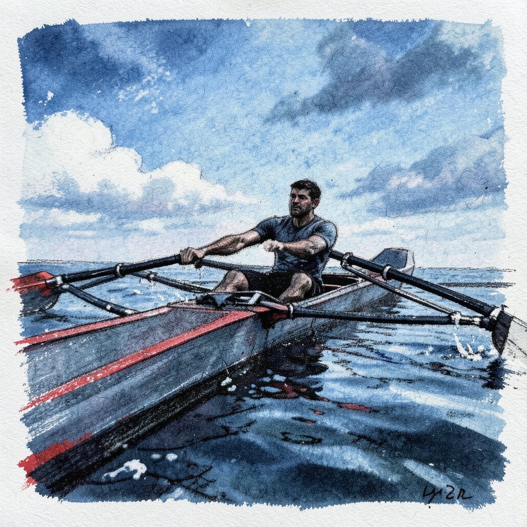 Atmospheric charcoal sketch of a men's four rowing shell from a low angle, blades caught mid-drive, sky and water merged in soft slate and ash tones