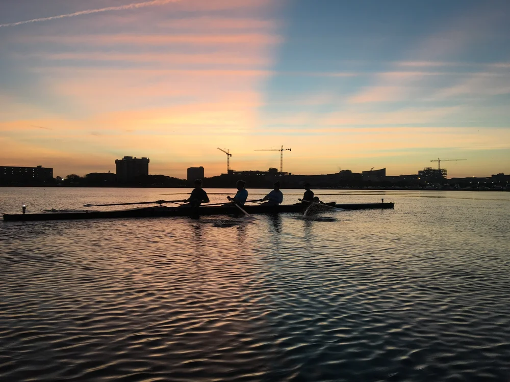 Silhouettes of four rowers in a boat crossing calm water at sunset, with city buildings and cranes in the distance; warm